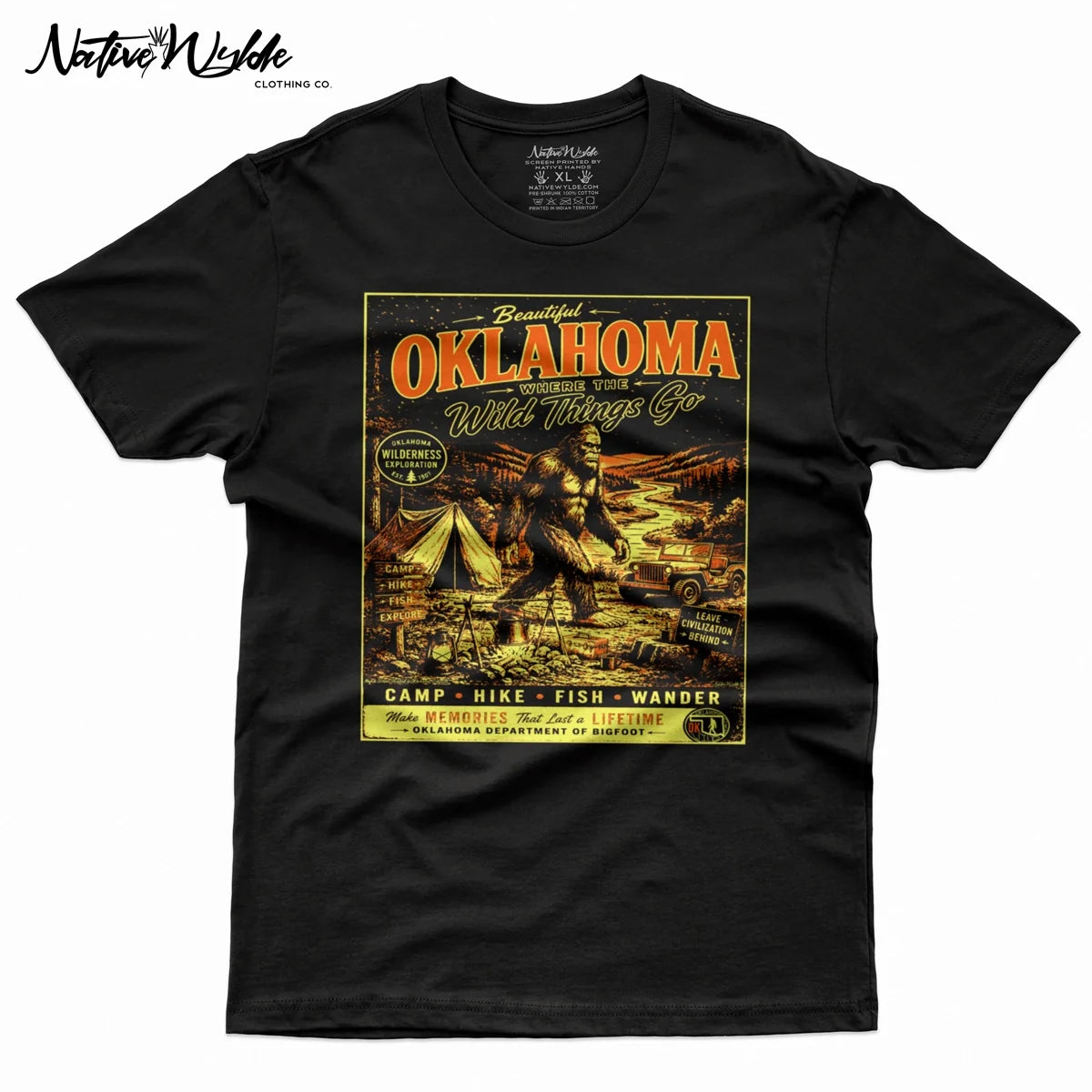 A black short-sleeve graphic t-shirt featuring a vintage-style 'Oklahoma Wild Things Go' print on the front with a bison, tent, and jeep illustration at a campsite.