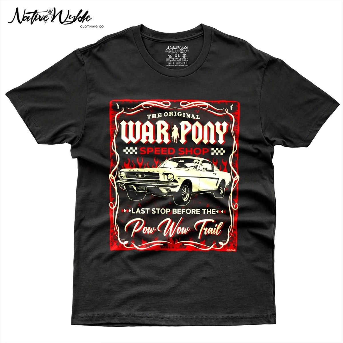 A black short-sleeve graphic T-shirt featuring a vintage-style print of a classic white Mustang car and red text reading 'The Original War Pony Speed Shop' and 'Last Stop Before the Pow Wow Trail'.