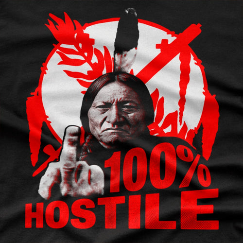 A close-up of a black graphic print featuring a grayscale portrait of a Native American man with a raised middle finger, overlaid with a red and white circular design, feathers,  and the text '100% HOSTILE' in large red letters.