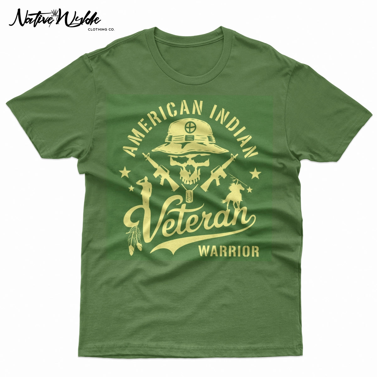 An army green short-sleeve T-shirt with a large graphic print on the front. The graphic features a skull wearing a military boonie hat, crossed rifles, and the words 'AMERICAN INDIAN Veteran WARRIOR' in a bone color.