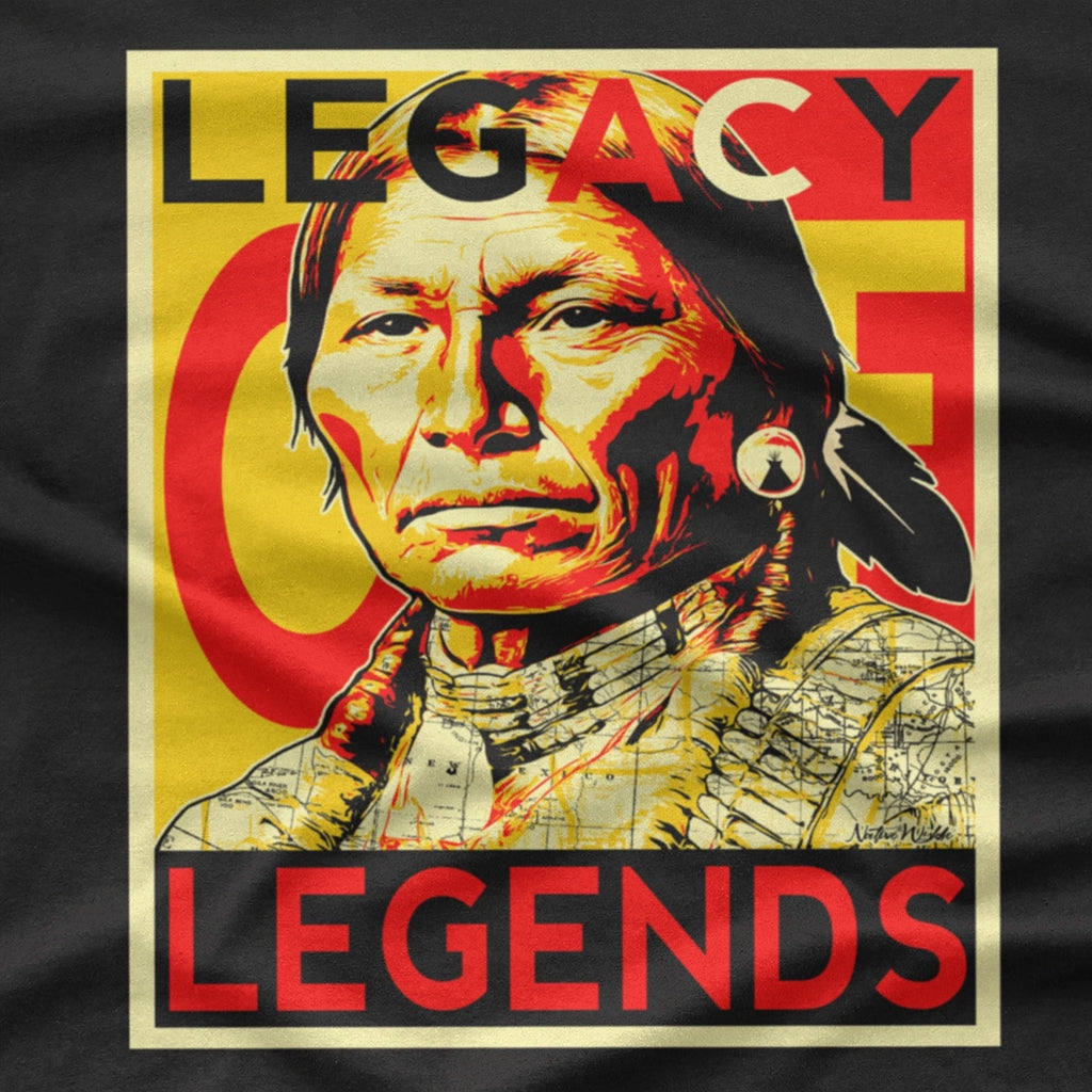 A black short-sleeve graphic T-shirt featuring a stylized portrait of a Native American man with the text 'LEGACY OF LEGENDS' in a red, yellow, and beige graphic design. 