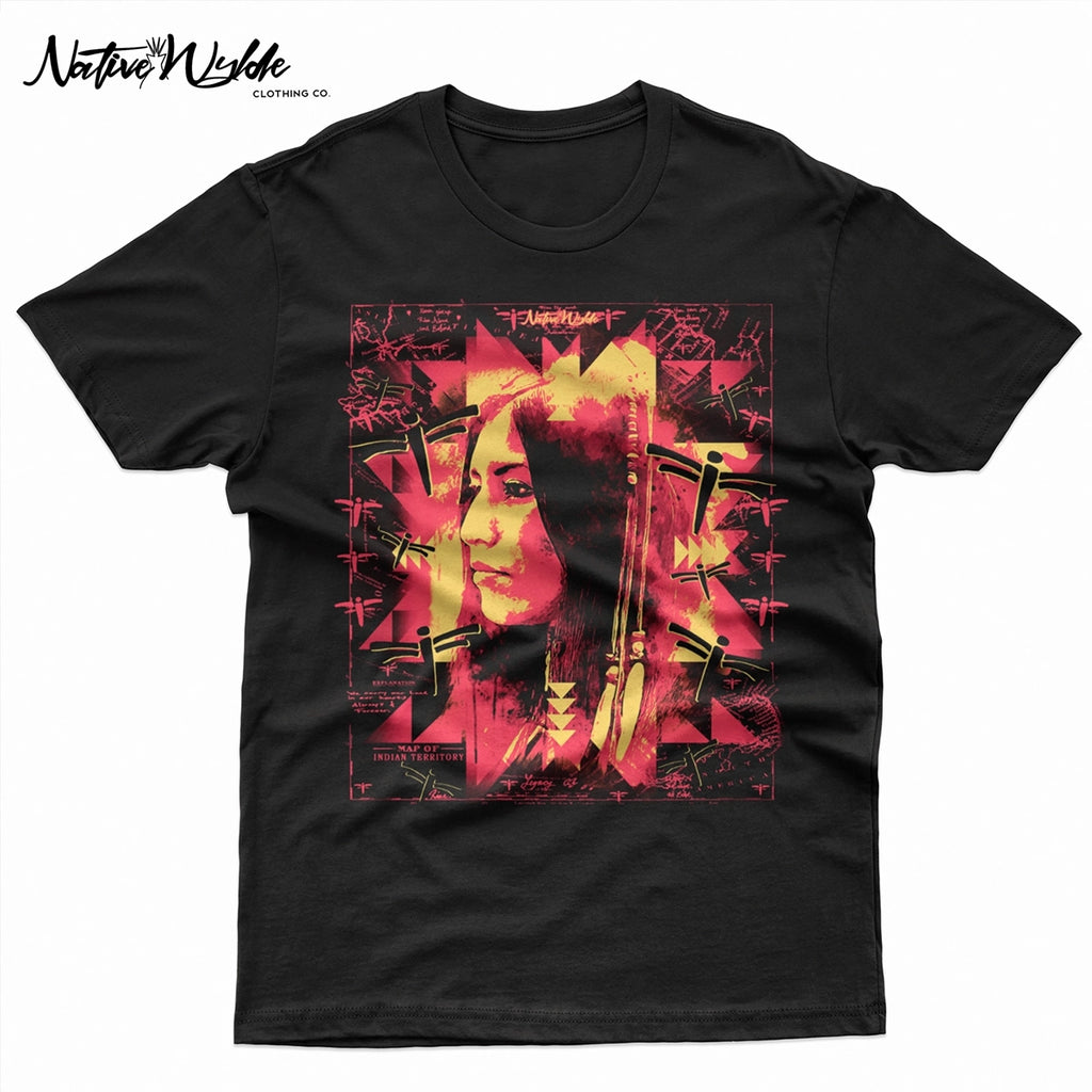 A black short-sleeve crewneck t-shirt featuring a large, vibrant graphic print on the front. The graphic is a stylized portrait of a woman's face in profile, rendered in red, pink, and yellow tones, overlaid with geometric shapes.