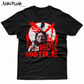 Black shirt with tradition Native American man raisng his middle finger with text that reads 100% hostile.