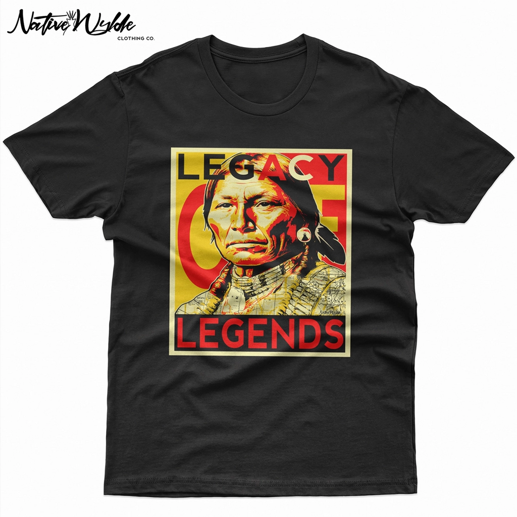 A black short-sleeve crewneck t-shirt featuring a large graphic print on the front. The graphic is a square with the text 'LEGACY LEGENDS' in bold red and yellow lettering, surrounding a portrait of a Native American man wearing a black beaded headband and traditional clothing.