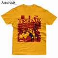 A yellow short-sleeve T-shirt with a red graphic print on the front featuring the text 'UN RESERVED' and an illustration of a horse and rider.Additional text: Merciless Indian Savage