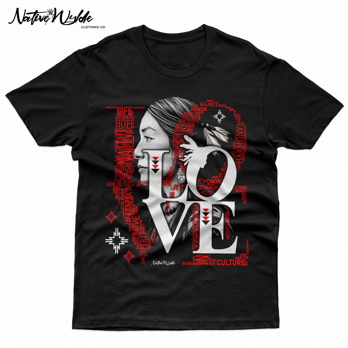 Black T-Shirt with the profile of a Native American woman with love text.