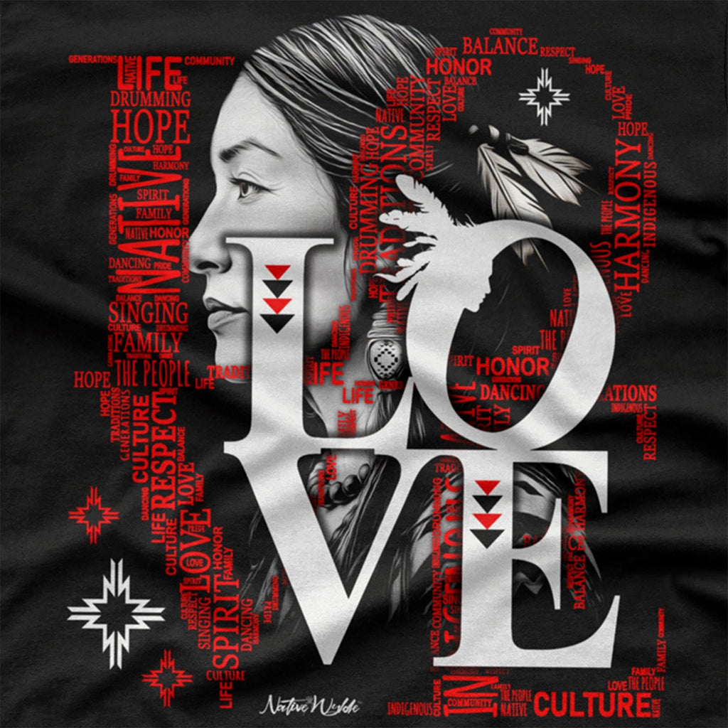A black short-sleeve graphic t-shirt featuring a stylized portrait of a woman's face integrated into a large 'LOVE' word design in white and red, with text elements.
