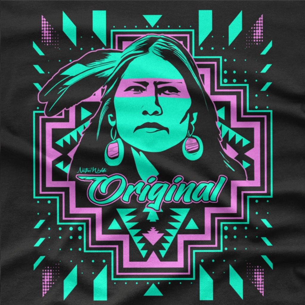A black short-sleeve t-shirt with a vibrant graphic print on the front. The graphic features a stylized portrait of a woman in profile with a feather in her hair, surrounded by geometric patterns in neon green, purple, and pink, with the word 'Original' written across the center.