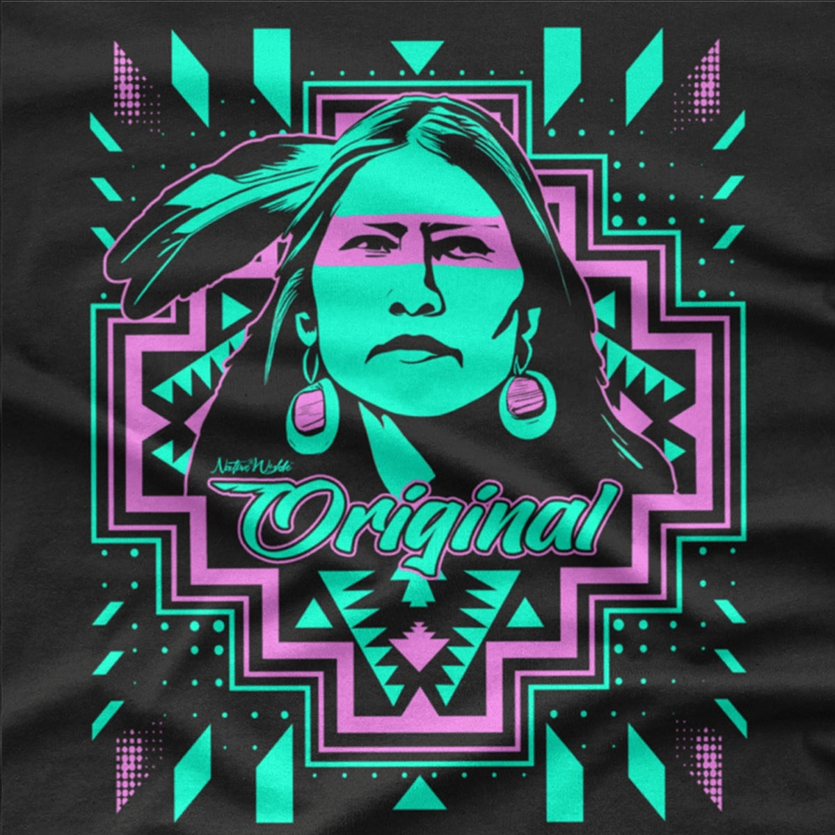 A black short-sleeve t-shirt with a vibrant graphic print on the front. The graphic features a stylized portrait of a woman in profile with a feather in her hair, surrounded by geometric patterns in neon green, purple, and pink, with the word 'Original' written across the center.