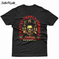 A black short-sleeve graphic t-shirt featuring a Native American warrior skull design with red and gold text reading 'Native Supply Company' 
