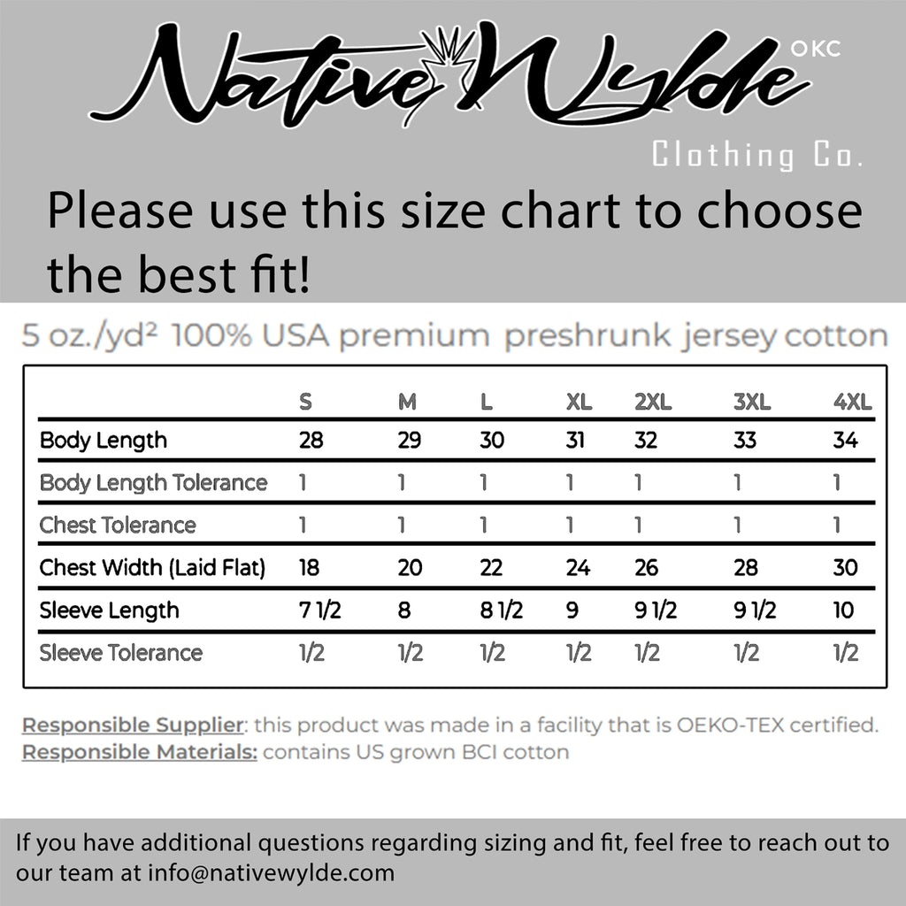 A size chart graphic for Native Wyldde Clothing Co. featuring a table with body length, chest tolerance, sleeve length, and sleeve tolerance for sizes S through 4XL, on a white background with the brand name at the top.