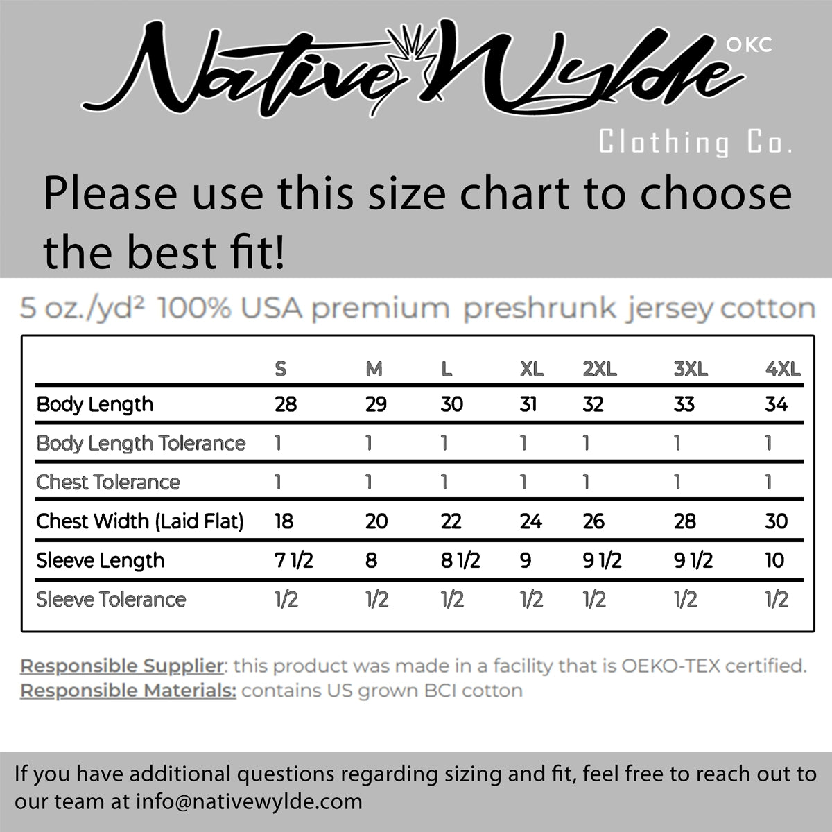 A size chart graphic for Native Wyldde Clothing Co. featuring a table with body length, chest tolerance, sleeve length, and sleeve tolerance for sizes S through 4XL, on a white background with the brand name at the top.