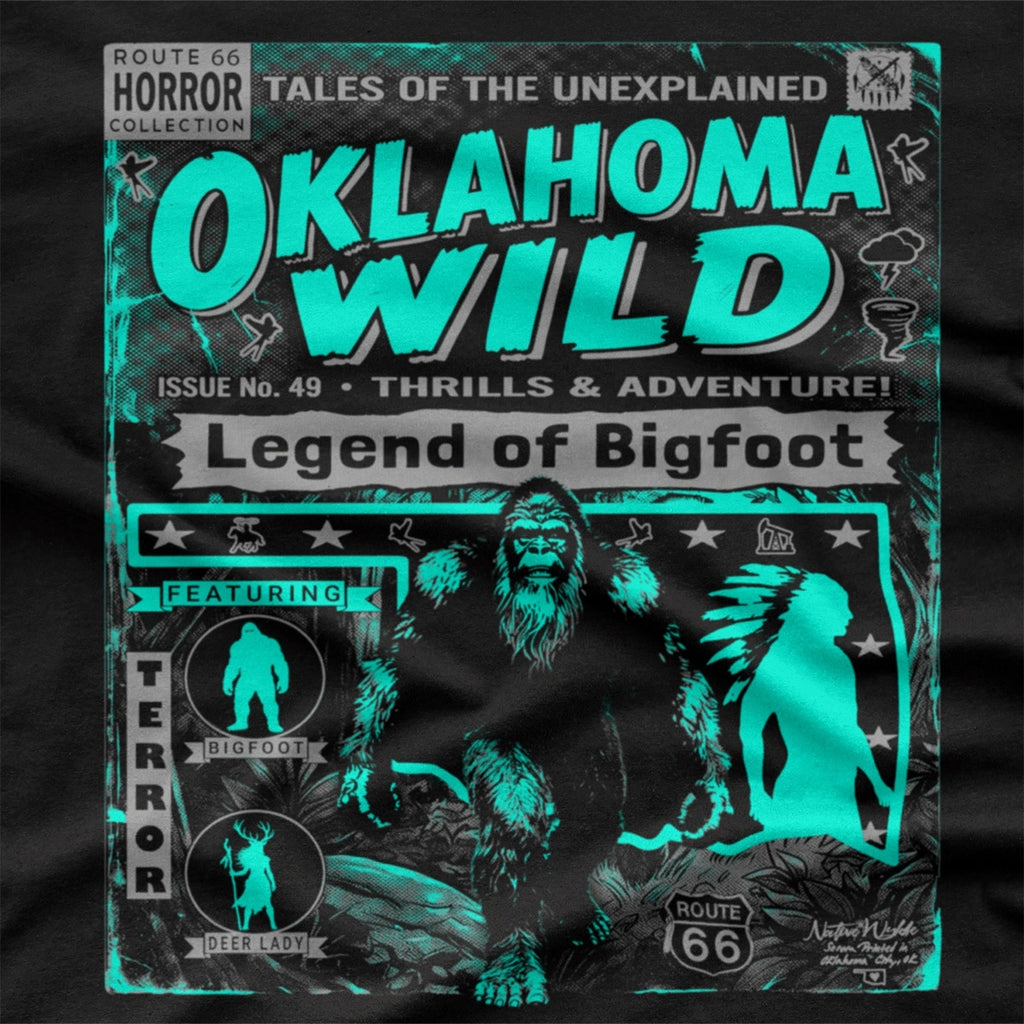 Black T-shirt Featuring Bigfoot in a crytid Style comic book design. Black and grey ink.