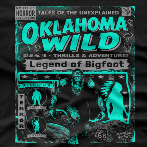 Black T-shirt Featuring Bigfoot in a crytid Style comic book design. Black and grey ink.