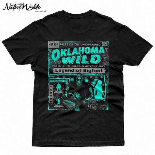 Black short sleeved t-shirt with Oklahoma Native legend of Bigfoot, in a style of comic book magazine layout.