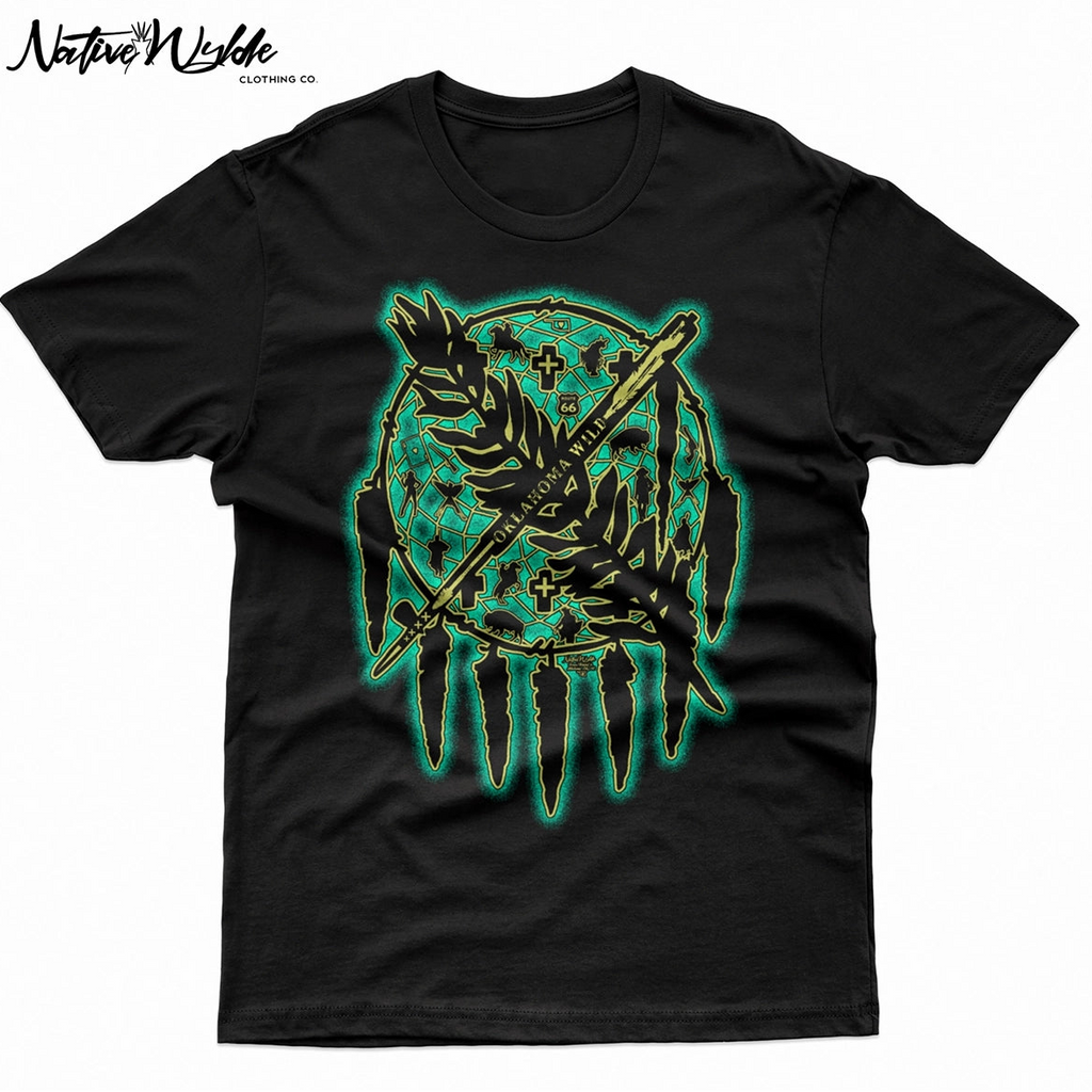 A black short-sleeve crewneck t-shirt featuring a large graphic print of a dreamcatcher with a arrow and leaf design in blue and gold.