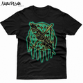 A black short-sleeve crewneck t-shirt featuring a large graphic print of a dreamcatcher with a arrow and leaf design in blue and gold.