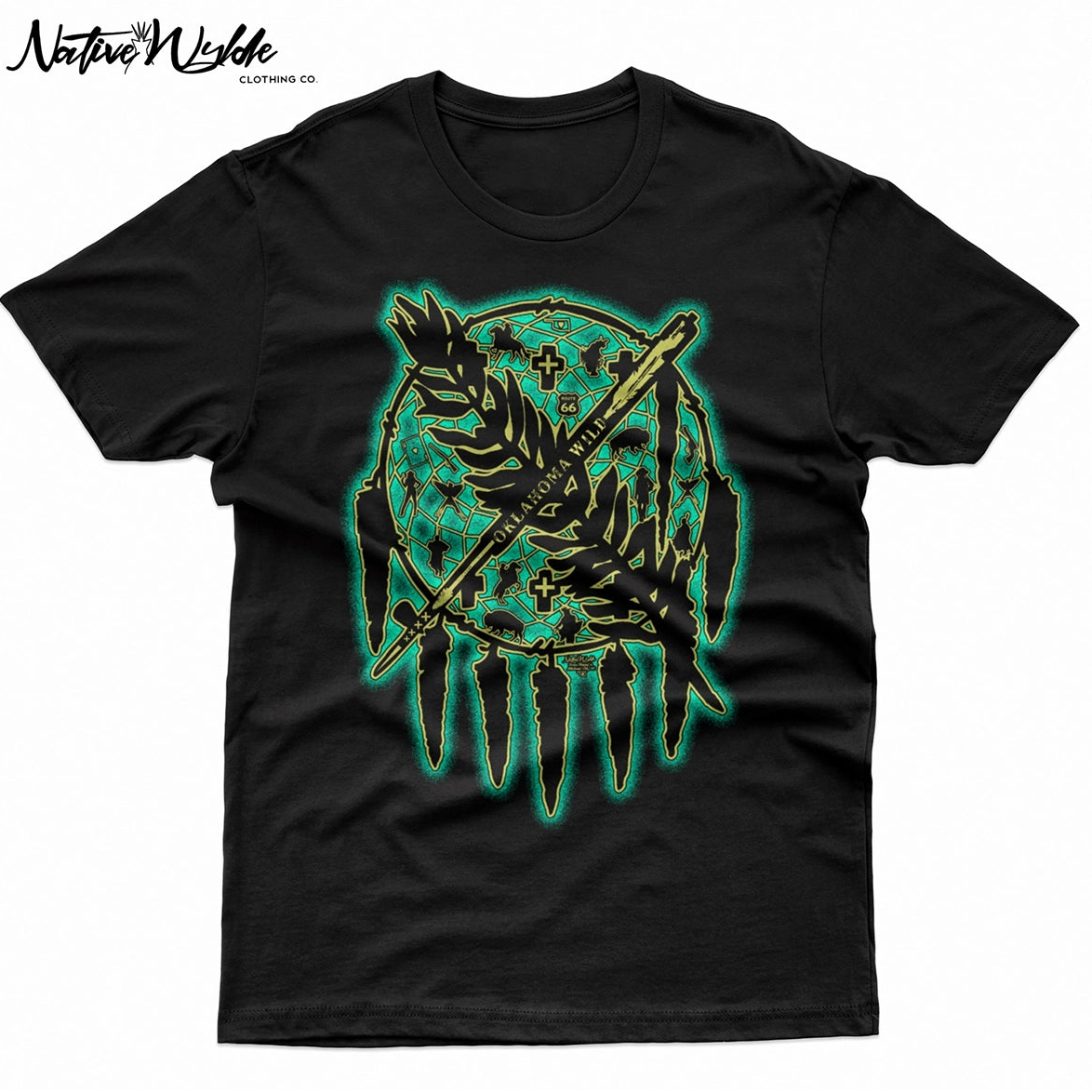 A black short-sleeve crewneck t-shirt featuring a large graphic print of a dreamcatcher with a arrow and leaf design in blue and gold.
