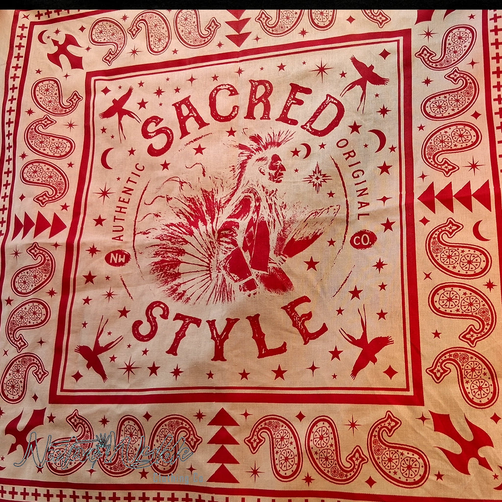 A square bandana-style textile laid flat, featuring a red western-inspired print with the words 'Sacred Style,' stars, moons, geometric motifs, and a central rooster illustration on a cream background.