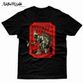 A black short-sleeve t-shirt with a vintage-style red and beige graphic on the front. The graphic features a Native American figure holding a deer head and the text 'ADMIT ONE SACRED STEPS' and 'OLD 1491 STYLE'.