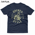 Navy blue T-shirt with Sacred Style authentic and original text with a bone colored Native American dacer profile in the center.