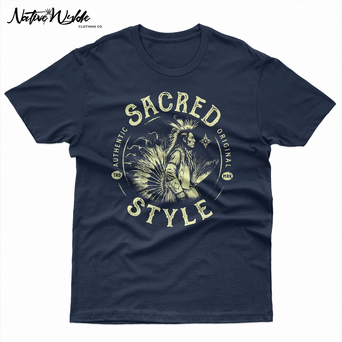 Navy blue T-shirt with Sacred Style authentic and original text with a bone colored Native American dacer profile in the center.