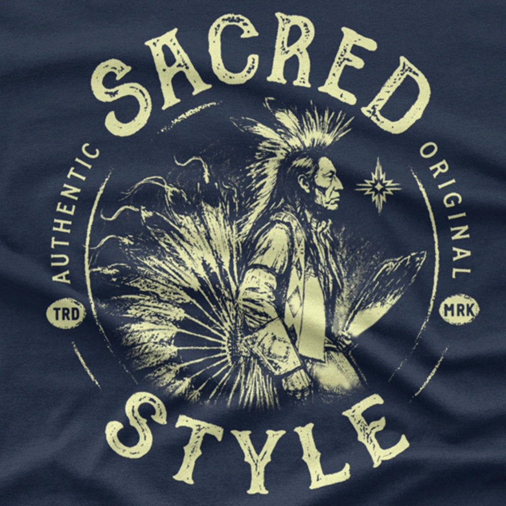 Navy Blue T-Shirt featuring a male Native American dancer with roach. Text says Sacred Style Authentic and Original.