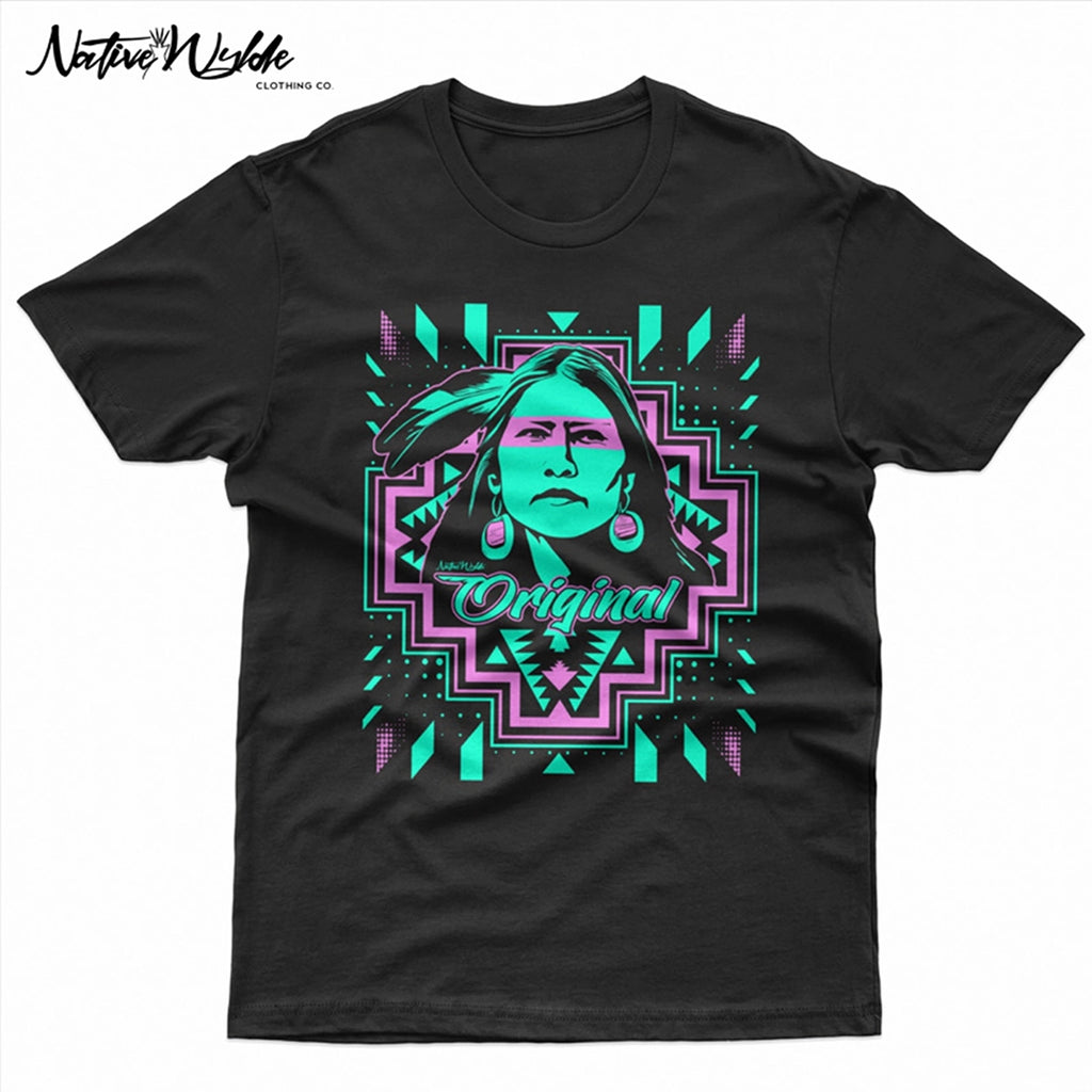 Black T-shirt featuring the face on a Native American woman surrounded by vibrant geometic shapes. With turquoiseand pink ink.