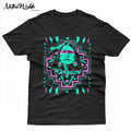 Black T-shirt featuring the face on a Native American woman surrounded by vibrant geometic shapes. With turquoiseand pink ink.