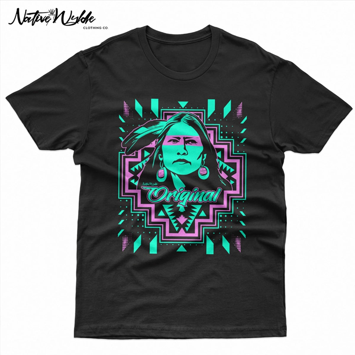 Black T-shirt featuring the face on a Native American woman surrounded by vibrant geometic shapes. With turquoiseand pink ink.