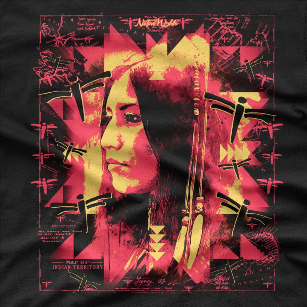 Black T-Shirt with a pink print of a Native American woman and dragonflys.