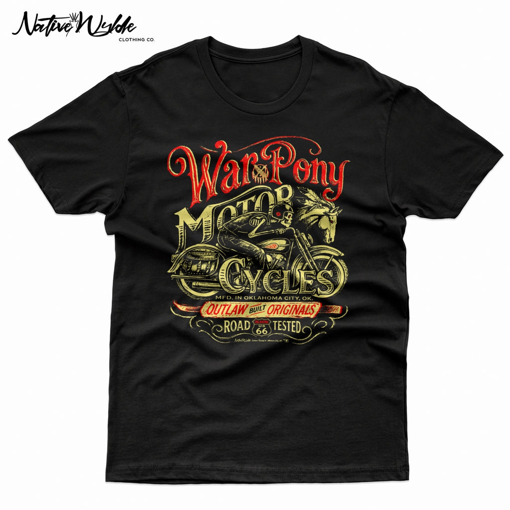 A black graphic print featuring a vintage-style biker poster with the words 'War Pony Motor Cycles,' an illustrated skeleton rider on a motorcycle, a horse head, and decorative red and tan lettering.