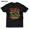 A black graphic print featuring a vintage-style biker poster with the words 'War Pony Motor Cycles,' an illustrated skeleton rider on a motorcycle, a horse head, and decorative red and tan lettering.