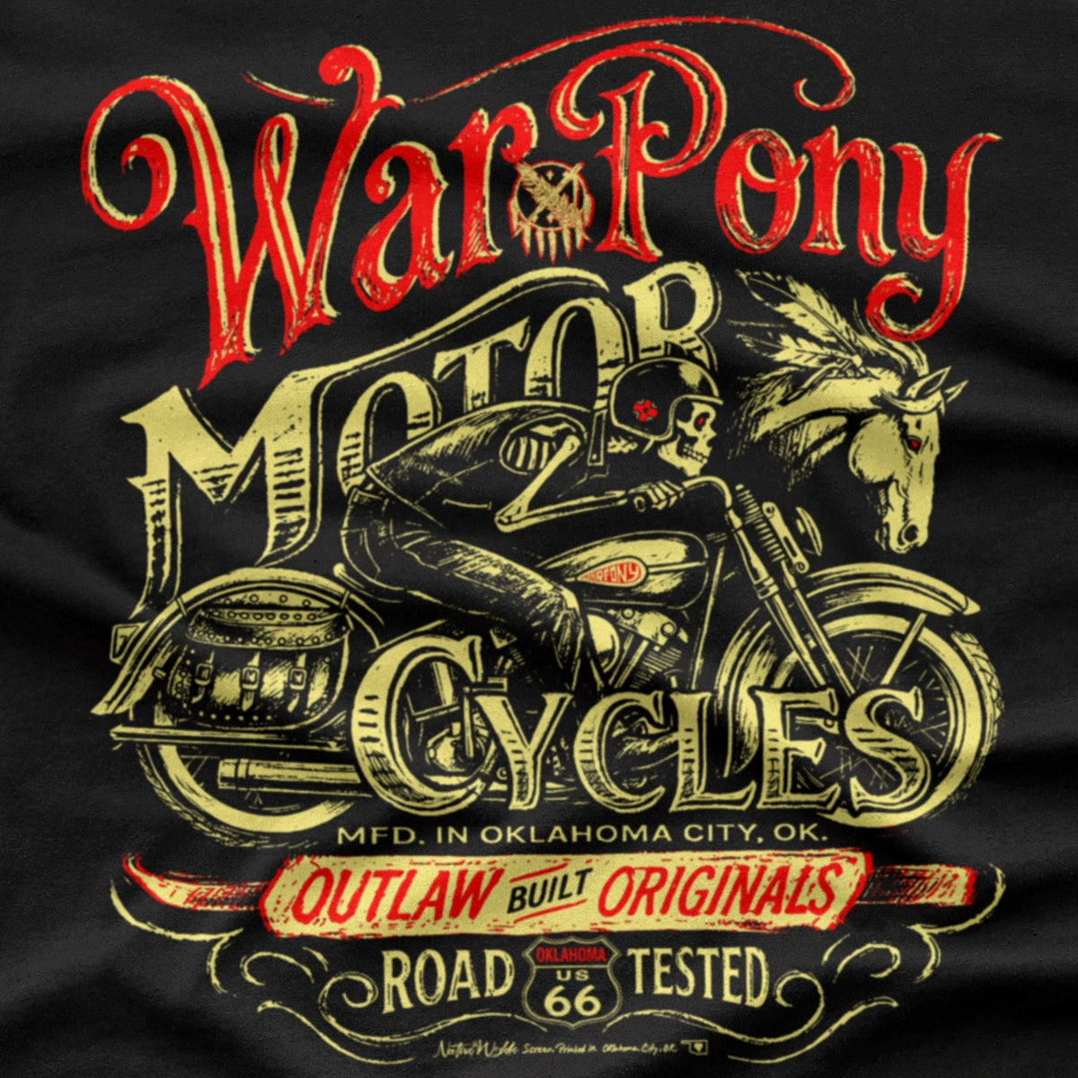 A close-up of a black graphic print featuring a vintage-style biker poster with the words 'War Pony Motor Cycles,' an illustrated skeleton rider on a motorcycle, a horse head, and decorative red and tan lettering.