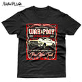 A black short-sleeve graphic T-shirt featuring a vintage-style print of a classic white Mustang car and red text reading 'The Original War Pony Speed Shop' and 'Last Stop Before the Pow Wow Trail'. T