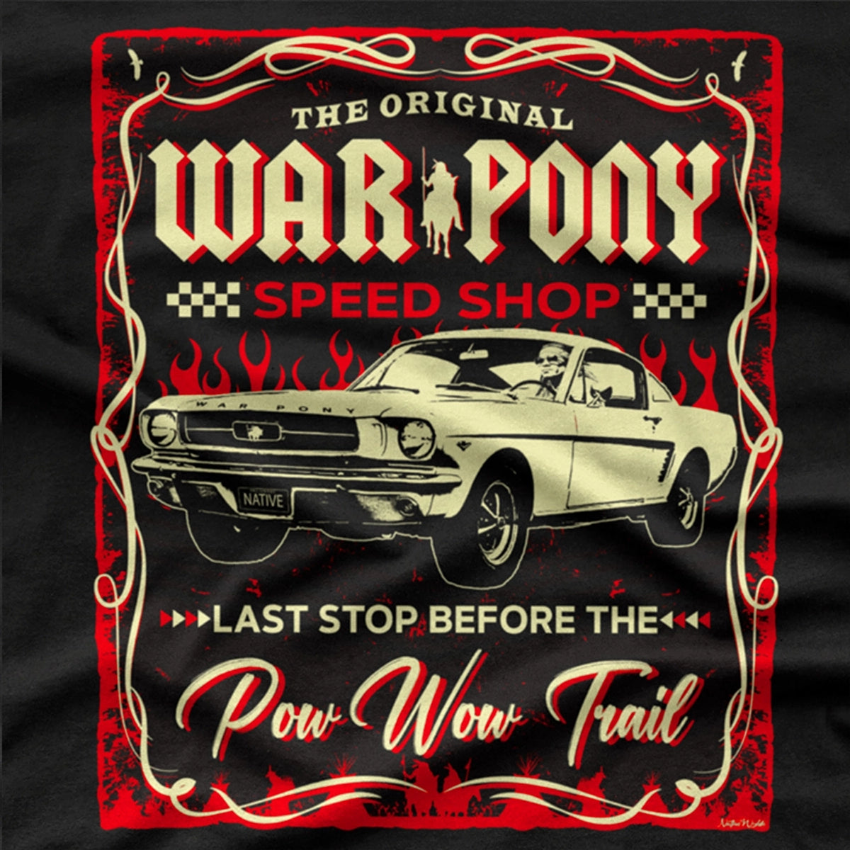 A black short-sleeve graphic T-shirt featuring a vintage-style print of a classic white Mustang car and red text reading 'The Original War Pony Speed Shop' and 'Last Stop Before the Pow Wow Trail'.